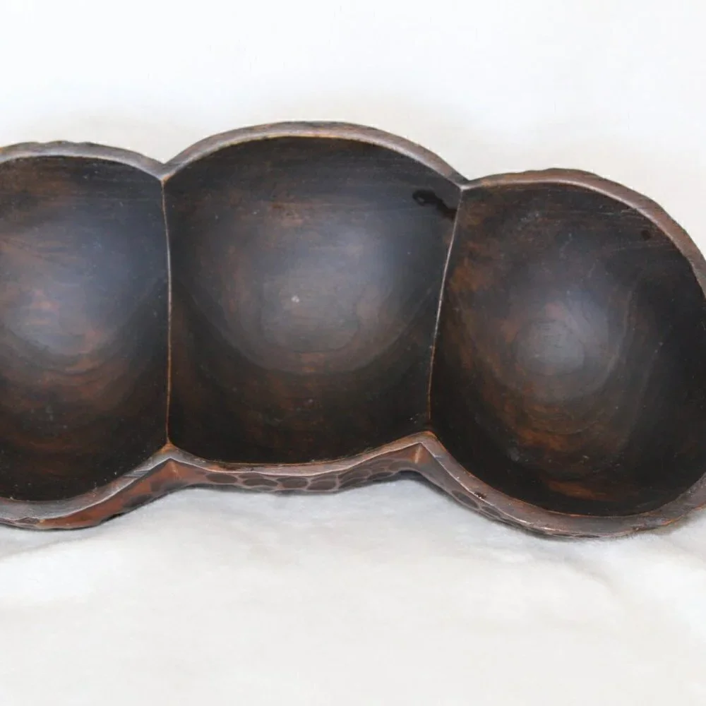 Vintage peanut shape fine wooden bowl carved animal print texture divided dish